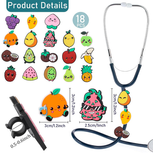 18Pcs Fruit Stethoscope Charms for Nurses - Apple Banana Fruits Stethoscopes Accessories for Nursing Students Doctors