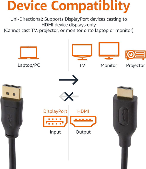 4k@30Hz, 1920x1200, 1080p, 10 Amazon Basics DisplayPort to HDMI Cable, Uni-Directional, Video and Audio, Gold-Plated