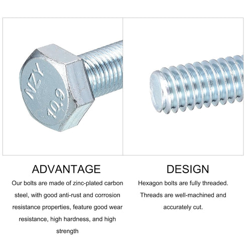 Hex Bolts (M10-1.25x70mm) 4Pcs, 8.8 Grade Carbon Steel Zinc Plated Fully Threaded Hex Head Screw Bolt for Furniture