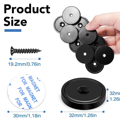 TRYMAG 3 Pack Black Rare Earth Magnets with Holes, 110lbs Strong Neodymium Cup Magnets with Adhesive Backing for Wall