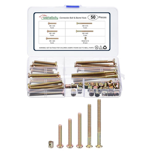 METALLIXITY Furniture Crib Screws Replacement Set (M6-1x40/50/60/70/80mm) 50Pcs, Connector Bolt M6 Screw Barrel