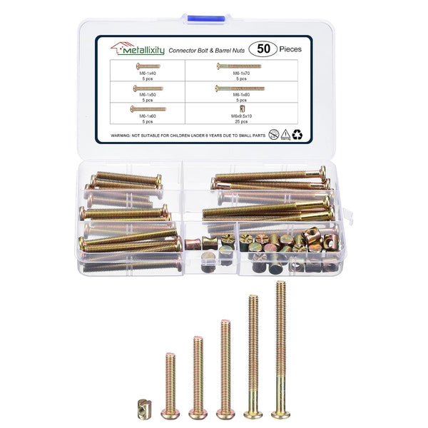 METALLIXITY Furniture Crib Screws Replacement Set (M6-1x40/50/60/70/80mm) 50Pcs, Connector Bolt M6 Screw Barrel