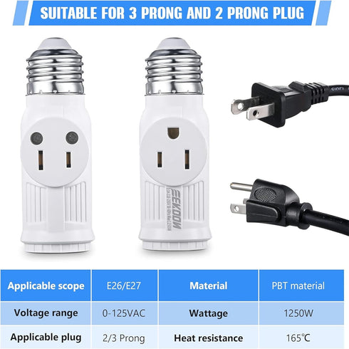 Feekoon 4 Pcs E26 Light Socket Adapter, 3 Prong Light Bulb Outlet to Plug Splitter Converter for Garage Porch (White)
