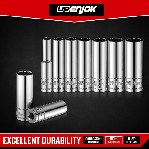 1/4 Inch Drive 12-Point Metric Socket Set, 8-Piece Deep Well CR-V Steel Tool Set, Sizes 6mm to 13mm