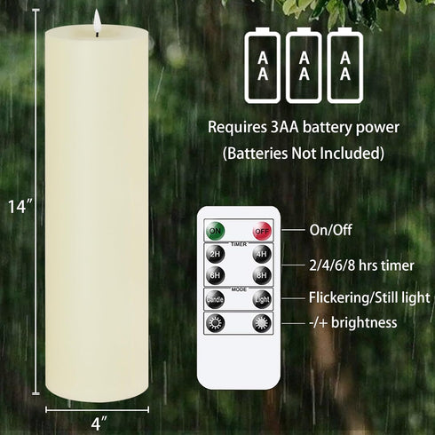4" 14" 420 Pack 1) x Flameless LED Waterproof Remote Pillar Candle, Timer Battery Operated Flickering Large Plastic