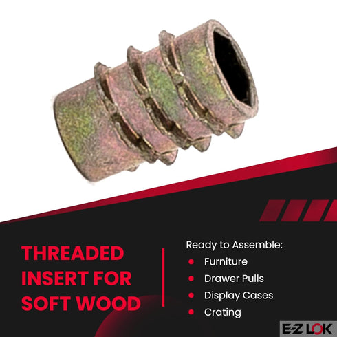 E-Z LOK Knife Threaded Insert for Soft Wood, Zinc Hex-Flush Thread Inserts, Pack of 100