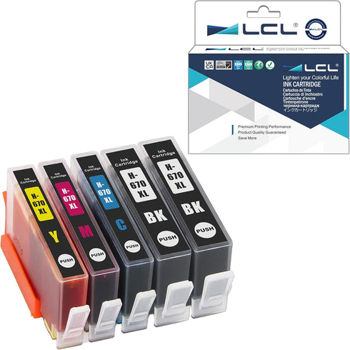 LCL Compatible Ink Cartridge Replacement for HP 670XL (5-Pack: 2 Black, Cyan, Magenta, Yellow) CZ117AL CZ118AL