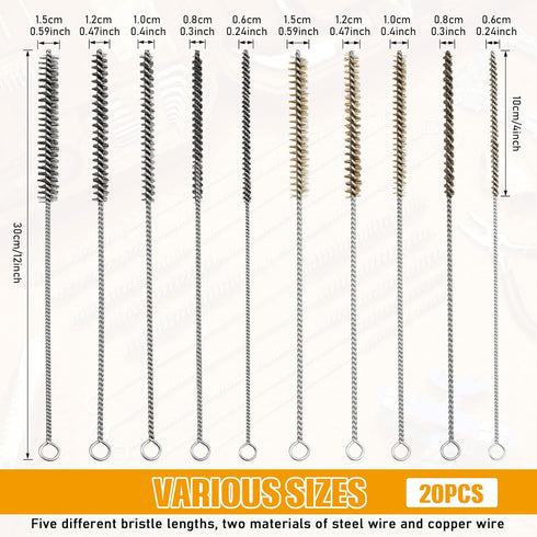 Wire Tube Brushes for Cleaning Pipe Tube Brass Brush Stainless Steel Round Wire Brush Brass Pipe Cleaning Brush Wire Pipe Cleaner Brush for Auto Parts, Bottles, Tubes, 5 Sizes (20 Pieces)