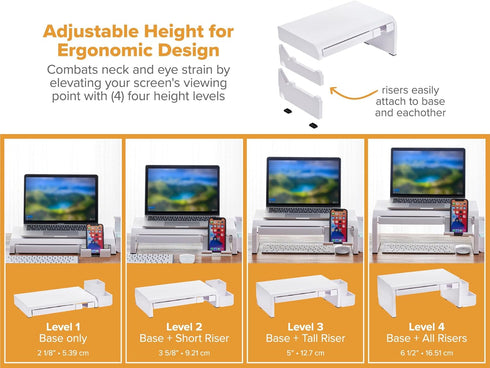 Bostitch Konnect Adjustable Monitor Riser with Drawer, Cell Phone Stand & Pencil Holder, Laptop Stand for Desk
