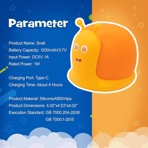 2 30/60 Cute Snail Night Light Brightness Adjustable Fun Orange Slug Light with Min Timer Squishy Nursery Breastfeeding