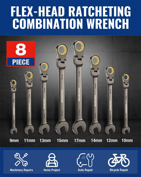 8-piece Set, 9-17 mm, 72-Teeth, WORKPRO Flex-Head Ratcheting Combination Wrench Metric Cr-V Constructed, Nickel Plating
