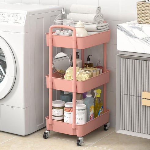 Sywhitta 3-Tier Plastic Rolling Utility Cart, Multi-Functional Storage Trolley with Handle, Pink