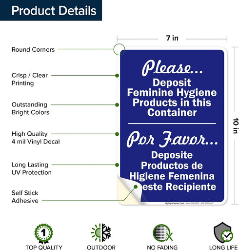 10x7 Inches, 4 Please Deposit Feminine Hygiene Products In This Container Bilingual Sign, Mil Vinyl Decal Stickers