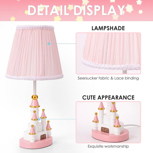 HERBESTBAY 14 Inch Bulb Kids Table Lamp, Adorable Castle Style Kids Desk Lamp, Pink Bedside Lamp Ideal for Girls