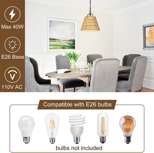 E26 Rattan Pendant Light with Woven Basket Shade, Boho Farmhouse Pendant Light Fixture, Hanging Light with Adjustable