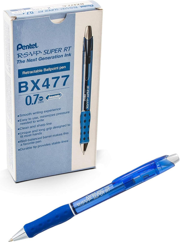 Pentel RSVP Super RT Ballpoint Pen, Fine Line (0.7mm), Blue Ink, Box of 12 (BX477-C)