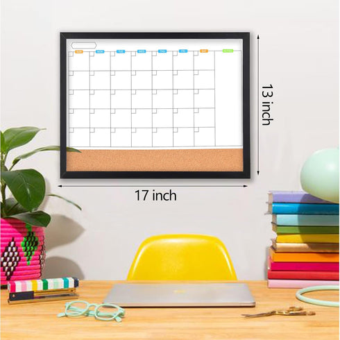 Monthly Whiteboard Calendar with Cork Board for Wall, 17"x13",Magnetic Dry Erase Board with Black Wood Framed,2-1 Wall Planner Whiteboard, Bulletin Board with Pins for Home, School,Office by Marribol