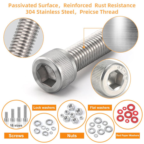 Senyard M2 M3 M4 M5 304 1415pcs Nuts and Bolts, Stainless Steel Metric Bolt Assortment (Lock & Flat Washers),Metric