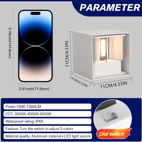 FUPE IP65 3 3000K/4000K/6000K 15W Up and Down Lights Outdoor Wall Lights Porch Lights, Square Aluminum Exterior