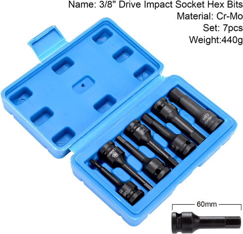 3/8 Inch 4/5/6/7/8/10/12 MM Set, 7 Drive Hex Bits Impact Allen Socket Piece Cr-Mo One-Piece Construction Metric Hex