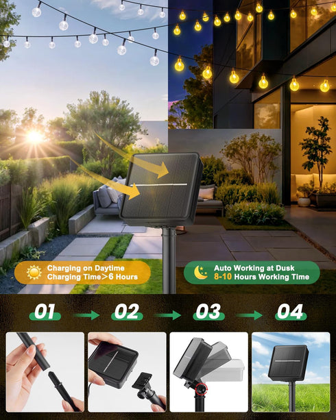 60 36FT 8 Solar String Lights Outdoor LED with Lighting Modes, Waterproof Solar Powered Crystal Globe Patio Lights