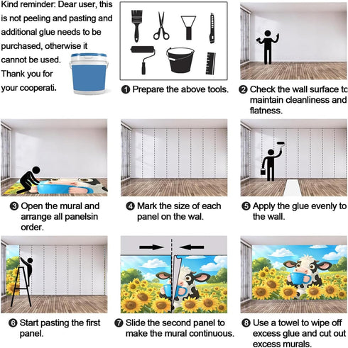 FELIAOQ Cartoon Dairy Cow Mural Wallpaper, Cute Dairy Cow Murals, Sunflower Flowers Murals, Wallpaper for Living Room