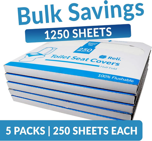 (1250 5 Packs 250) 14x16" Reli. Toilet Seat Covers Pcs, of | Disposable Toilet Seat Cover - Flushable - (Half-Fold) |
