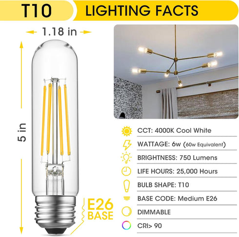 Tubular Light Bulb 6W Equal E26 LED Bulb 60 Watt Dimmable Cool White 4000K E26 Edison Bulb AC120V 750LM T9 T10 LED Bulb for Rustic Pendant, Island, Chandeliers, Wall Sconces, Pack of 6 by Gozelux