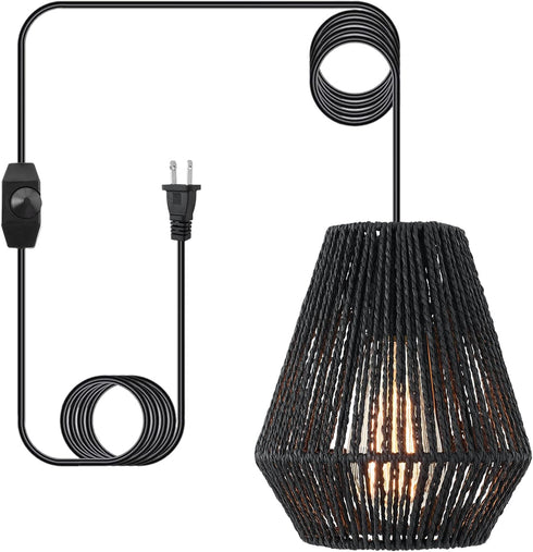 Plug-in Pendant Light,Hanging Lights Fixture With 15ft Cord On/Off Switch,Black Handwoven Rattan