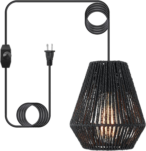 Plug-in Pendant Light,Hanging Lights Fixture With 15ft Cord On/Off Switch,Black Handwoven Rattan