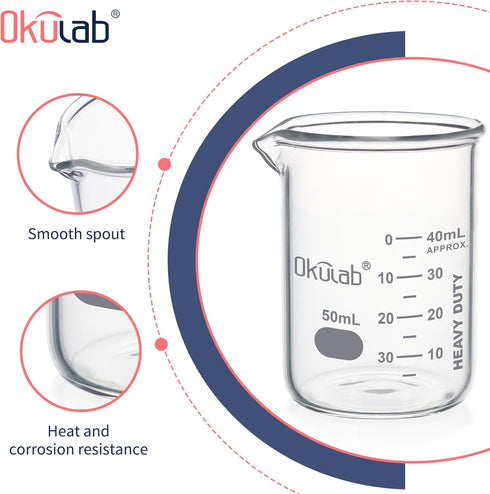 Heavy Duty Glass Beaker Set, Thick-Walled 3.3 Borosilicate Glass Beakers, 10pcs Vol. 50ml with Double Scale Graduation