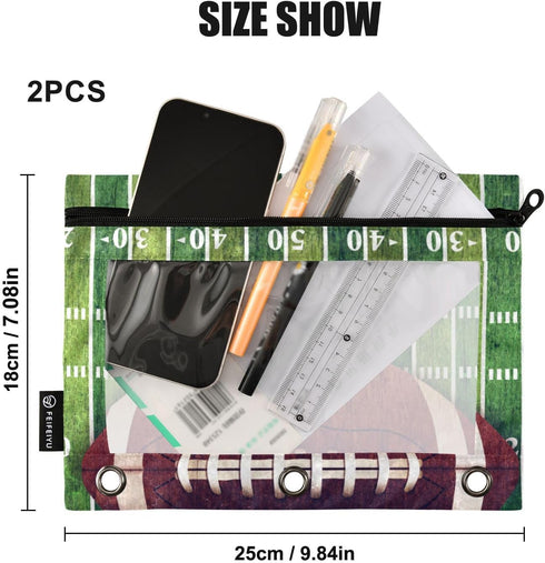 Football Pencil Pouch for 3 Ring Binder - 2 Pack Zippered Clear Pencil Case for Daily Supplies