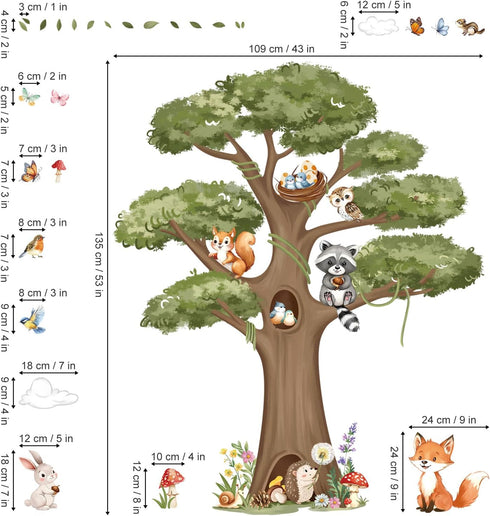 decalmile Woodland Animals Large Tree Wall Stickers Forest Animal Fox Rabbit Hedgehog Wall Decals Kids Room Baby