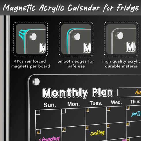 DIYMAG 3Pcs Acrylic Magnetic Dry Erase Calendar for Fridge, Clear Weekly Monthly Planner Menu with 6 Highlight Markers
