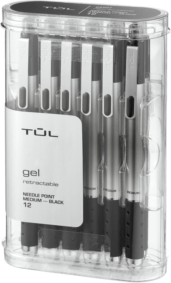 TUL GL1 Retractable Gel Pen, Needle Point, 0.7 mm, Gray Barrel, Black Ink, Pack of 12
