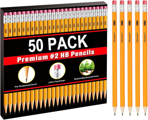 Gloween Wood-Cased #2 HB Pencils Bulk - 50 Pack Pre-Sharpened Yellow Pencils for Office School Supplies
