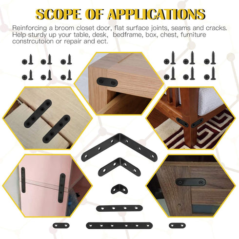 Mardatt 24 Sets (20/50/100mm,40/100/160mm) Black Corner Braces L Brackets and Straight Braces Mending Plates Heavy Duty