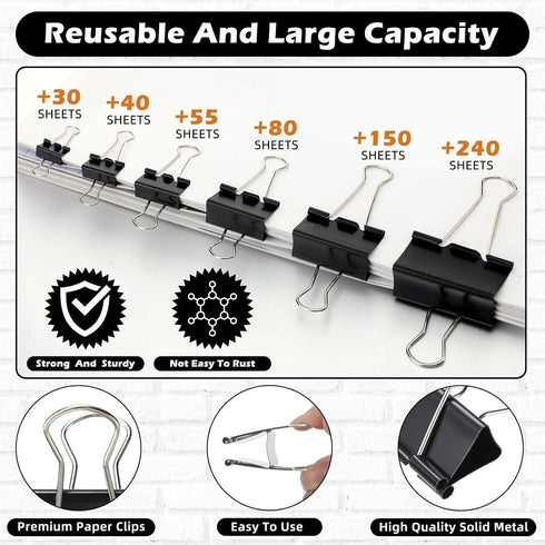 Yexiya 640 Pcs Assorted Sizes Binder Clips, Black Metal Paper Clamps for School and Office Supplies
