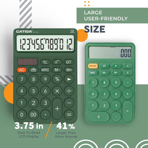 CATIGA 12 Digit Desktop Calculator with Large LCD Display, Round Design, Solar and Battery Dual Power for Office