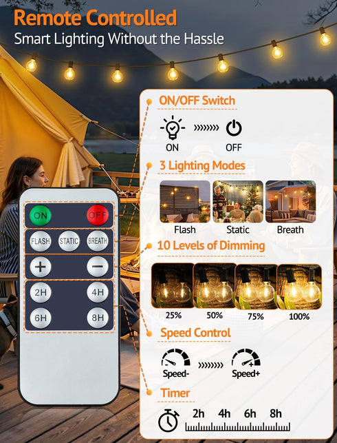 25FT Dimmable 3 10+1 G40 Bulbs Larkvue Solar String Lights Outdoor with Remote, Waterproof Modes Patio Lights with LED