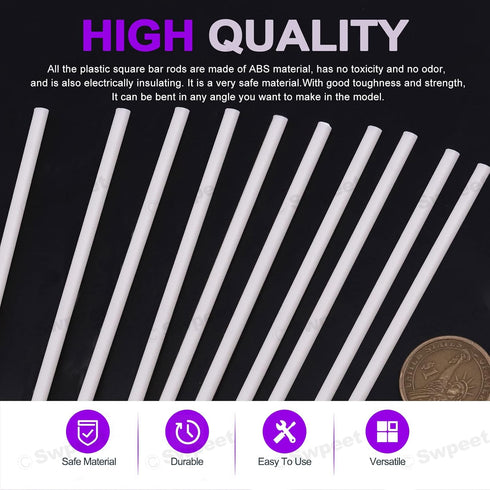 Swpeet 15Pcs Assortment Kit of Milkly Plastic Rods, 4mm Diameter, 250mm Length, ABS Round Stick for DIY Model