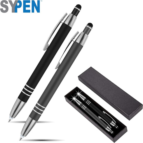 SyPen Luxury Pen Gift Set, 2 Rubberized Metal Ballpoint Pens + Night Writer LED Flashlight + Stylus, Gift Box