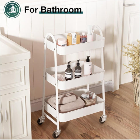 Generic 3 Tier Rolling Cart, Metal Utility Cart with Lockable Wheels - Kitchen Bathroom Organizer - White