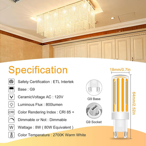 G9 LED Bulb Dimmable 8W, 60-80 Watt T4 G9 Halogen Equivalent, 2700K Soft Warm White, Ceramic G9 Bi Pin Base, 120V 800LM for Chandelier Ceiling Pendant Lighting(5 PCS) by LFLAMPON