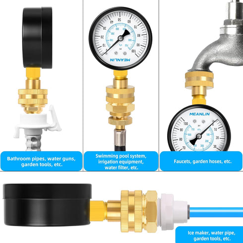 MEANLIN MEASURE 0~100Psi 3/4" Female Water Pressure Kit with 5 Adapters, Multi-Purpose Pressure Gauge for Gardens