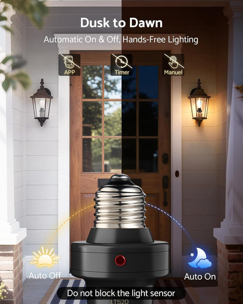 E26/E27 Bulb 300 2 Pack Light Sensor Socket, Light Socket, Automatic Dusk to Dawn Photocell Sensor with Adjustable