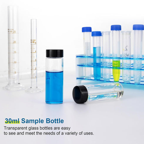12 Pack of 3 inches, 30 ML Clear Glass Bottles, Storage Container Sample Cosmetic Vials with Black Caps