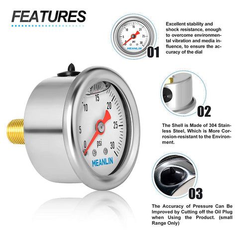 MEANLIN MEASURE 2pcs 0~30Psi Stainless Steel Liquid Filled Pressure Gauge, 1/8" NPT 1.5" Glycerin Filled