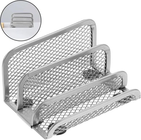 NUOBESTY Metal Mesh Vertical Book Organizer Desk Mail Sorter, Small Rack with Upright Compartments - Silver