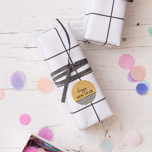 Happy New Year Stickers, 500 Labels, Black & Gold Faux Glitter Sticker